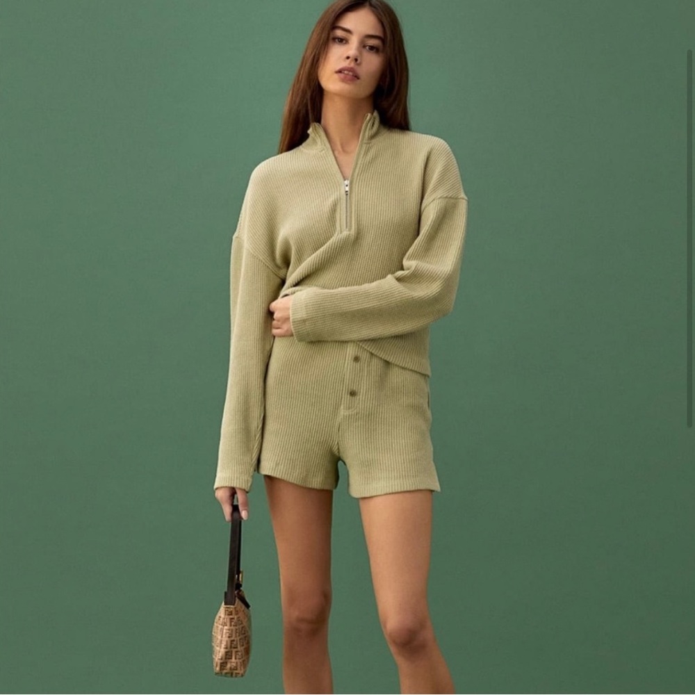 LIKE NEW w defect, Reformation Yale Waffle Organic Cotton Zip Sweatshirt| Size S